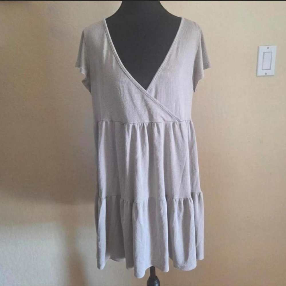 Beige Ribbed V-Neck Tiered Dress Cottagecore Y2K Vacay Summer Size XL